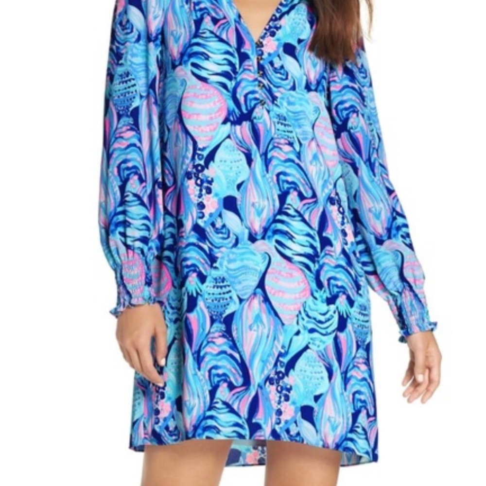 Lilly Pulitzer Brynle Dress Pullover Twilight Blue Scale Up Fish Print XS